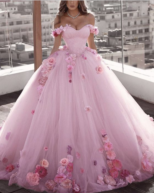 Off Shoulder Tulle Ball Gown Wedding Dresses Floral Flowers Beaded P5462