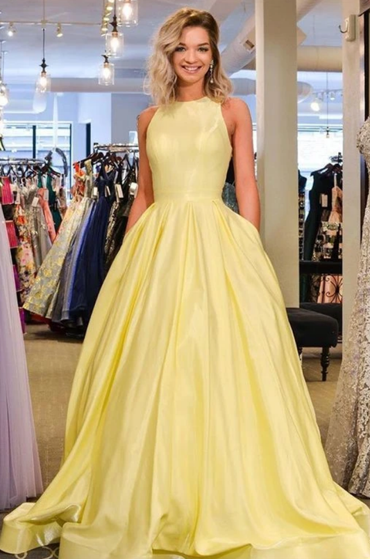 Yellow satin long prom dress, yellow evening dress P5806