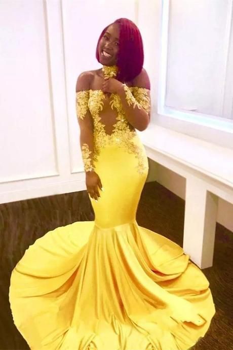Yellow Prom Dresses Mermaid Appliques  Floor-Length Off The Shoulder Long Formal Dresses P6706