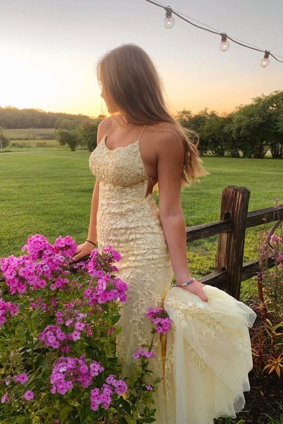 yellow lace appliqued long prom dress with straps P8061