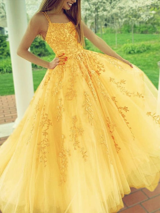 yellow prom dresses lace embroidery ball gown with multi straps P8206