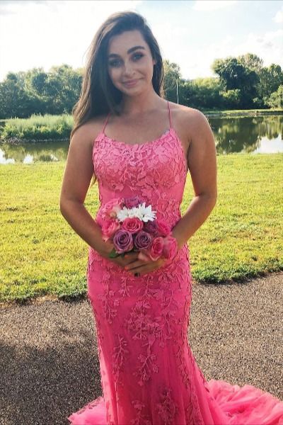 mermaid bright pink lace appliqued long evening dress prom dress P8239