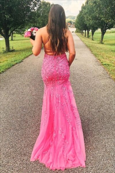 mermaid bright pink lace appliqued long evening dress prom dress P8239