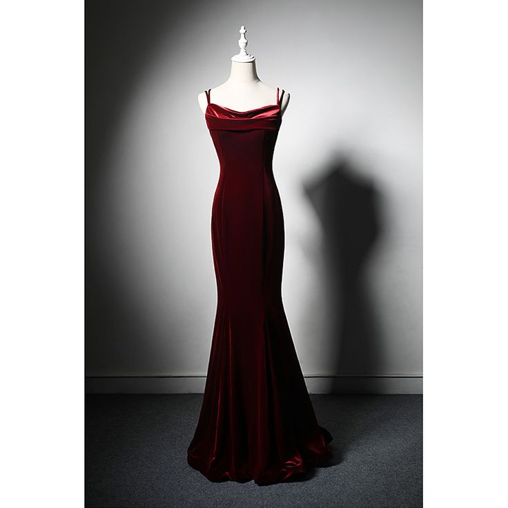 Elegant Burgundy Spaghetti Straps Velvet Mermaid Prom Dress Evening Dress SH571