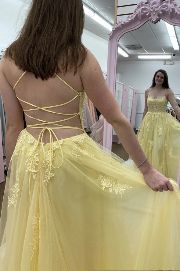 Yellow lace long prom dress A line evening dress KS2439