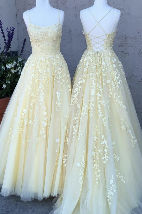 Yellow lace long A line prom dress yellow evening dress KS2488