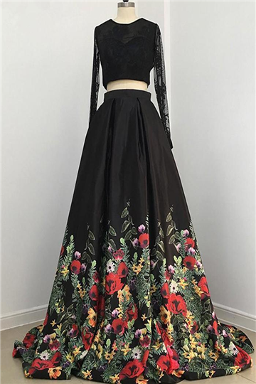 A line Two Piece Black Long Sleeve Prom Dress With Floral Print Skirt Evening Dresses KS6541