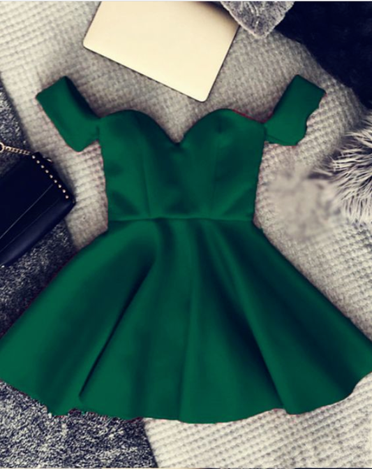 Short Satin Off Shoulder emerald green Homecoming Dress MY1300