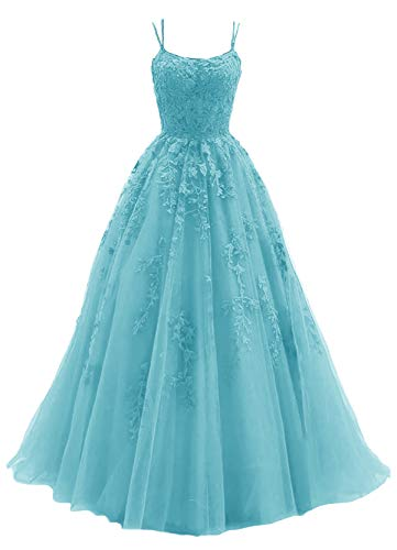 Blue tulle long A line prom dress lace evening dress SA189
