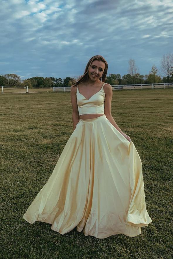 Yellow satin long A line prom dress two pieces evening dress SA675