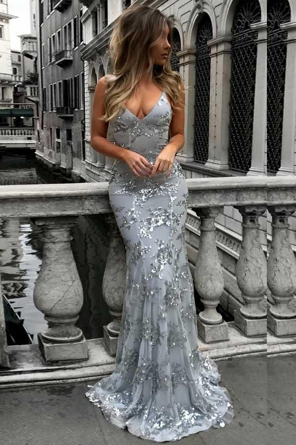 lace up back mermaid silver evening dress prom dress P8226