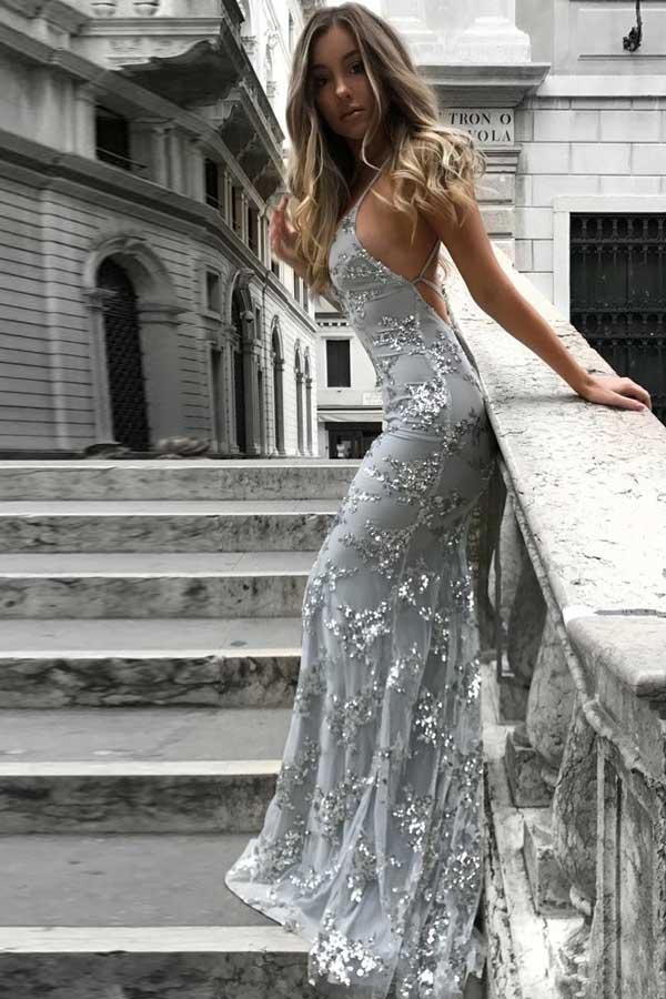 lace up back mermaid silver evening dress prom dress P8226