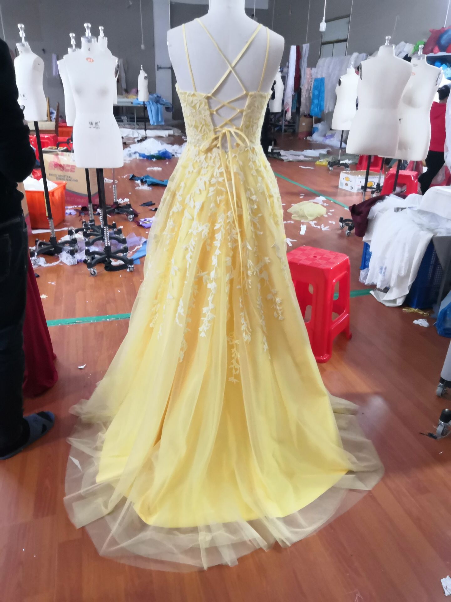 046, Hot Yellow tulle lace long prom dress party dress