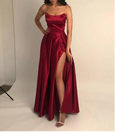 Burgundy A-Line Long Prom Dress with slit, Floor Length Evening Gown T1531