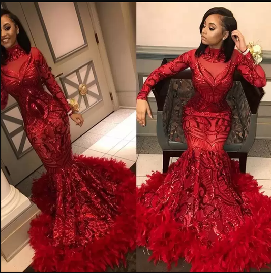 Gorgeous Sparkly Red Mermaid Evening Dresses Sequined with Feathers Long Sleeve African Black Girl Prom Dresses Formal Party Gown SA1329