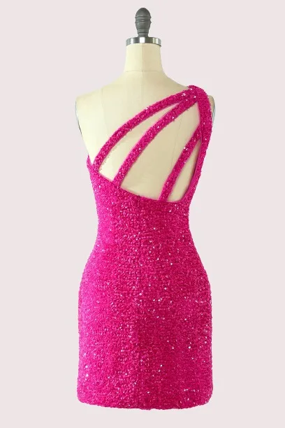One Shoulder Hot Pink Sequins Tight Party Dress SA839
