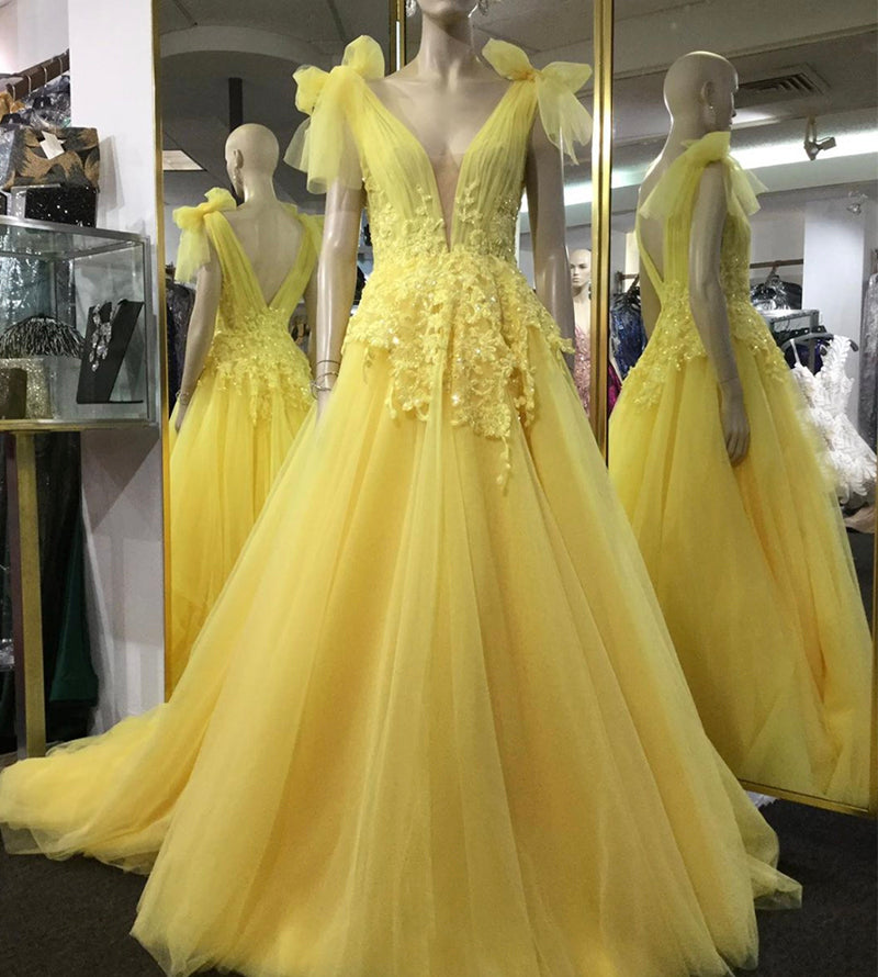 Yellow v neck tulle lace prom dress evening dress S195