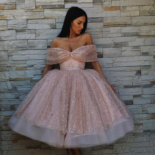 Unique pink tulle sequins short prom dress S223