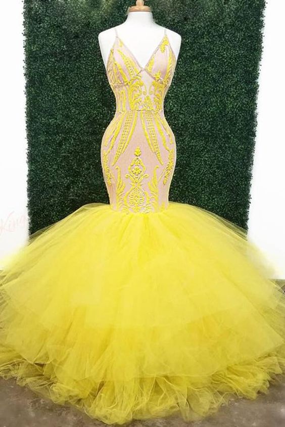 Yellow Sexy Prom Dresses With Deep V Neck Lace Appliques Mermaid Evening Gowns Plus Size Sweep Train Tulle Formal Party Dress S499