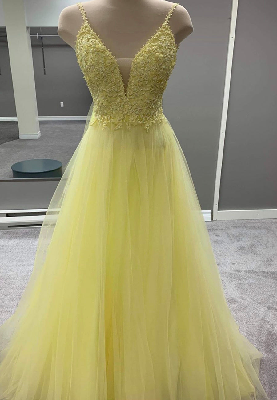 Yellow v neck tulle lace long prom dress S821