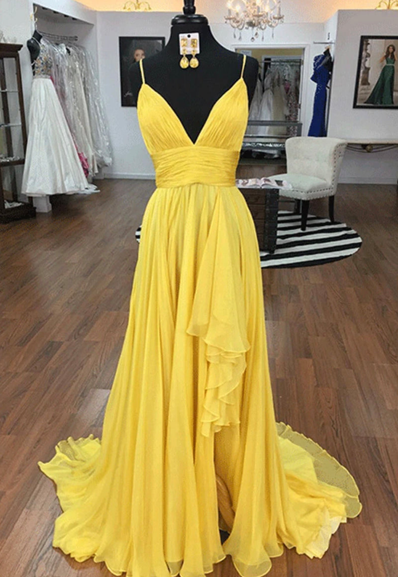 Yellow v neck chiffon long prom dress S829