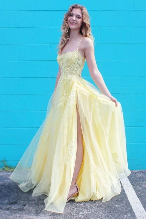 Yellow Spaghetti Straps Appliques Tulle A Line Prom Dresses Evening Dress s999