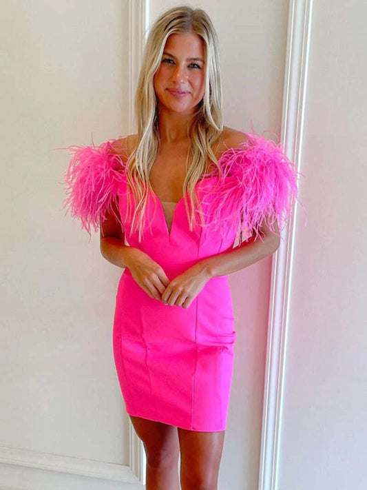 Off Shoulder Short Hot Pink Homecoming Dresses SH006
