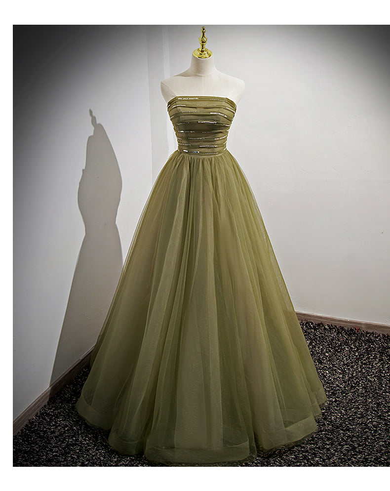Ball Gown Short Sleeves Long Tulle Sage Green Prom Dresses SH033