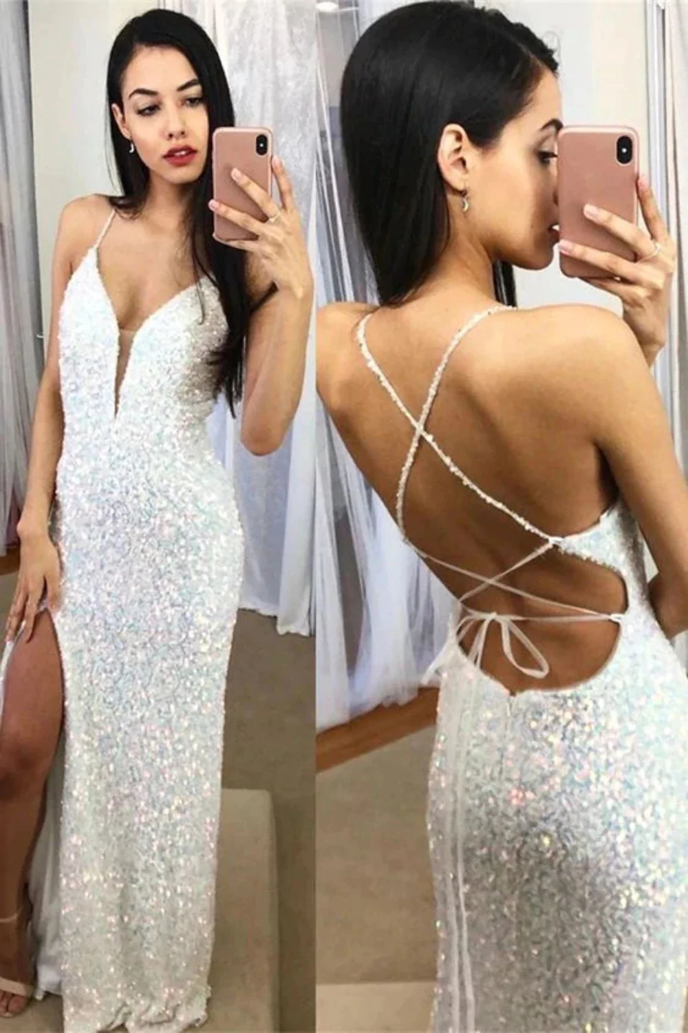 Spaghetti Straps Mermaid Prom Dress, Sparkly Sequins Slit Long Formal Gown SH256