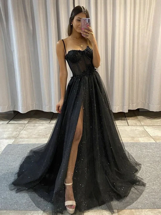 Black sweetheart neck tulle long prom dress, black tulle evening dress SH284