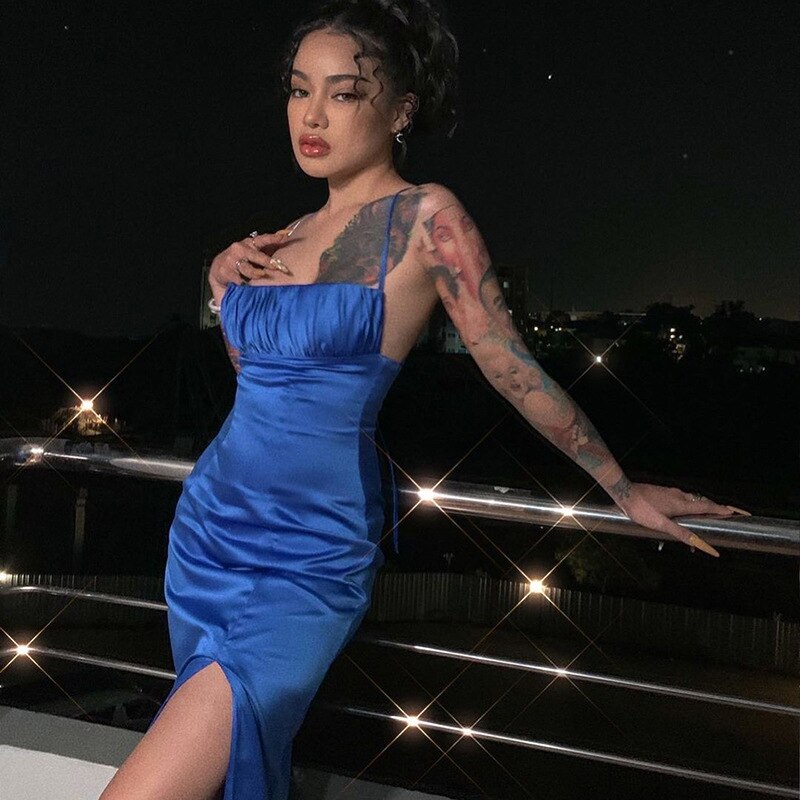 Ocean Blue Spaghetti Straps Sexy Mermaid Slits Long Prom Dress SH289