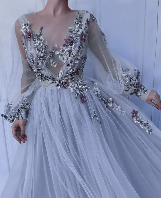 Simple Tulle Lilac Long Sleeves Long Prom Dresses SH309