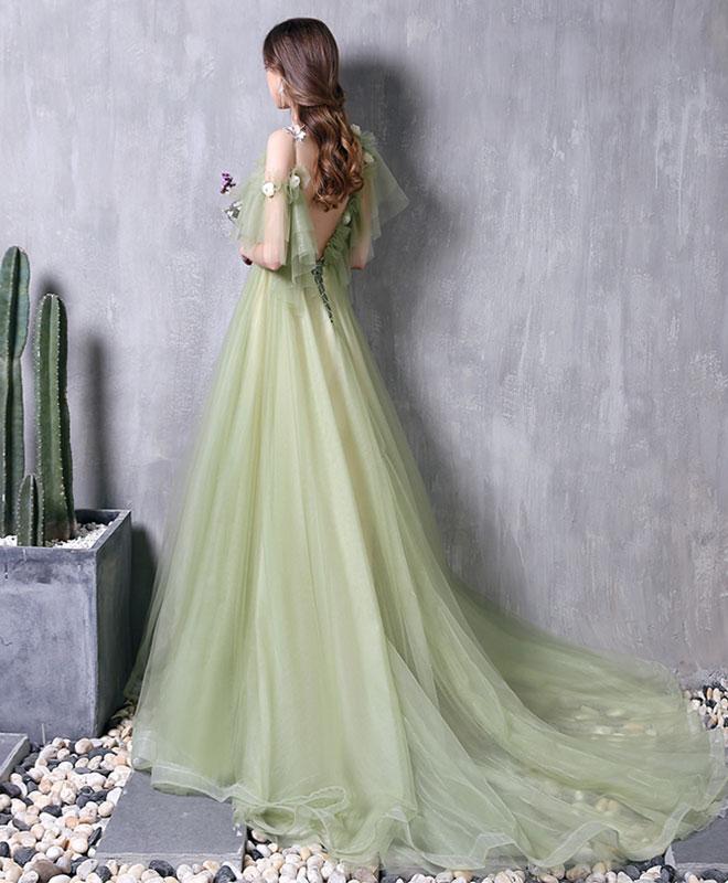 Green Tulle Lace Long Prom Dress Green Evening Dress SH317