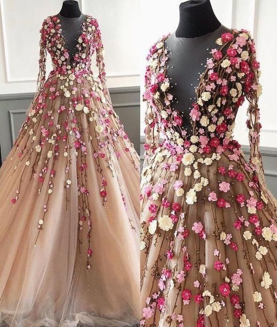 Champagne Prom Dress, 3d Flowers Prom Dress, Long Sleeve Prom Dress, Elegant Prom Dress SH327
