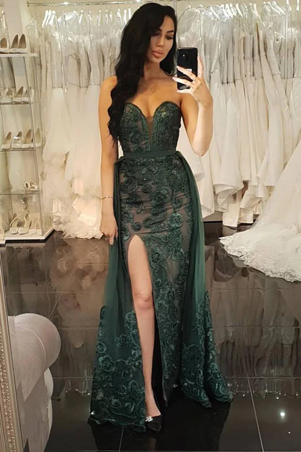 Unique Mermaid Sweetheart Dark Green Lace Split Prom Dresses,Two Piece Prom Dresses SH333