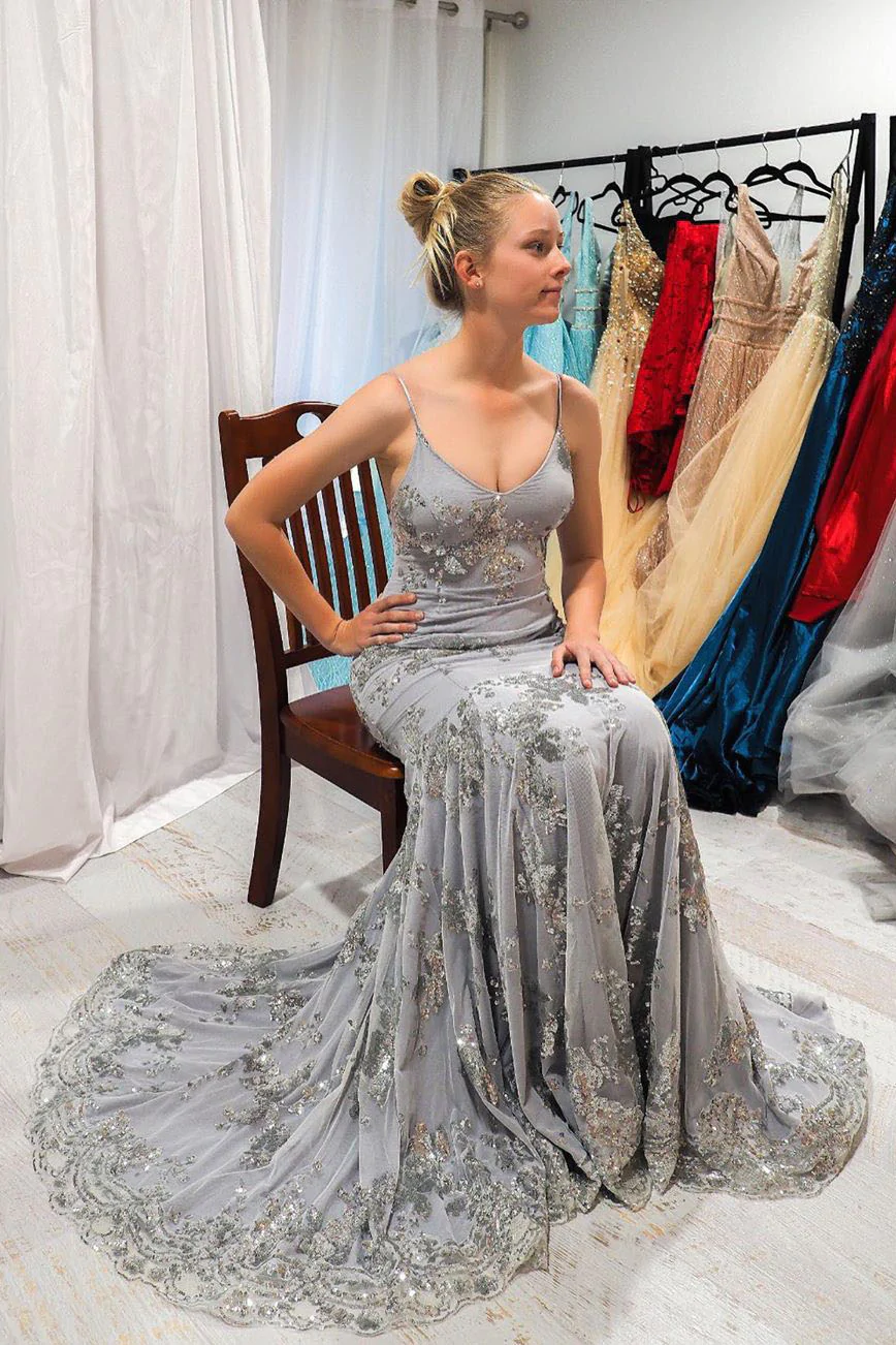 Mermaid V-Neck Silver Long Prom Dress with Open Back SH376