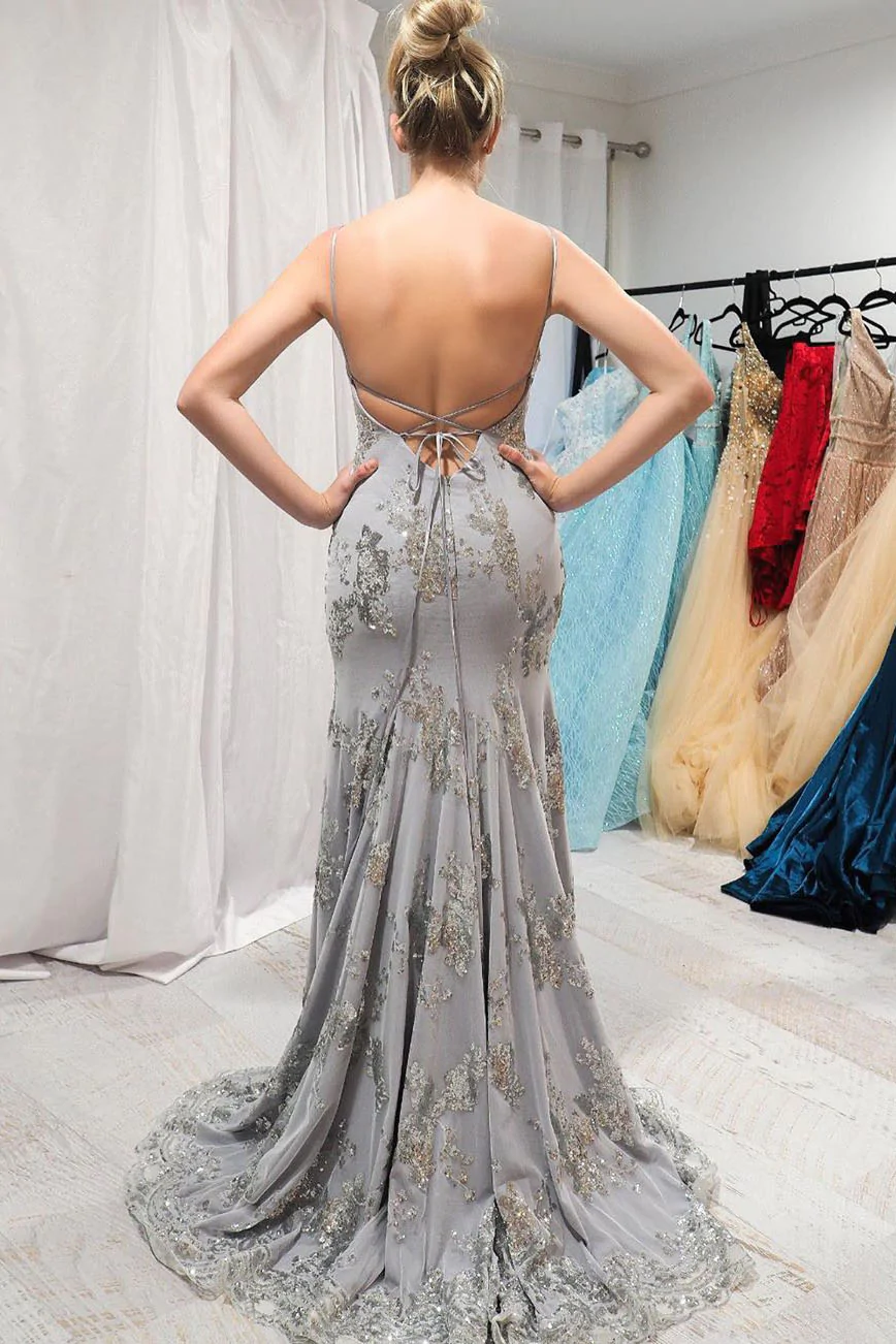 Mermaid V-Neck Silver Long Prom Dress with Open Back SH376