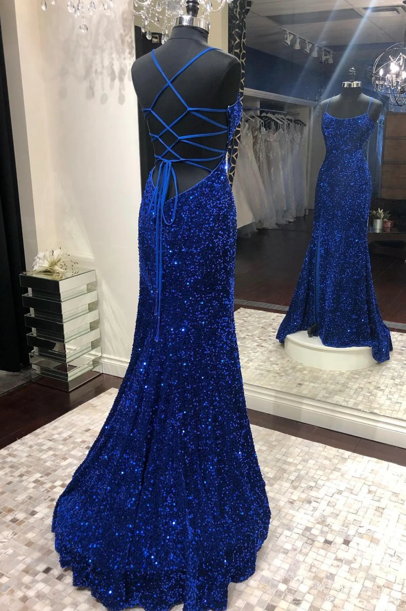 Blue sequins long prom dress mermaid evening dress SH418