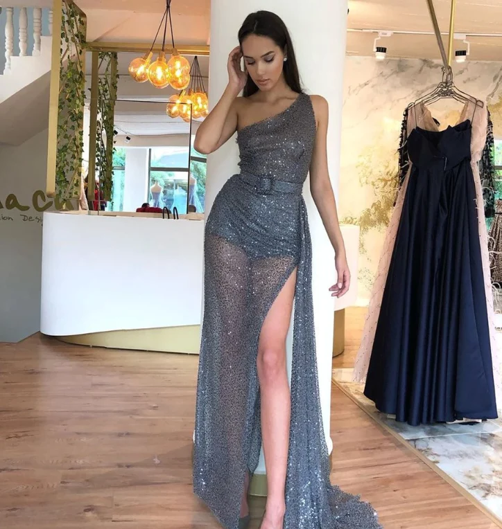 Sparkly Sequin Tulle One Shoulder Sexy High Slit Prom Dresses ,Prom outfits SH427