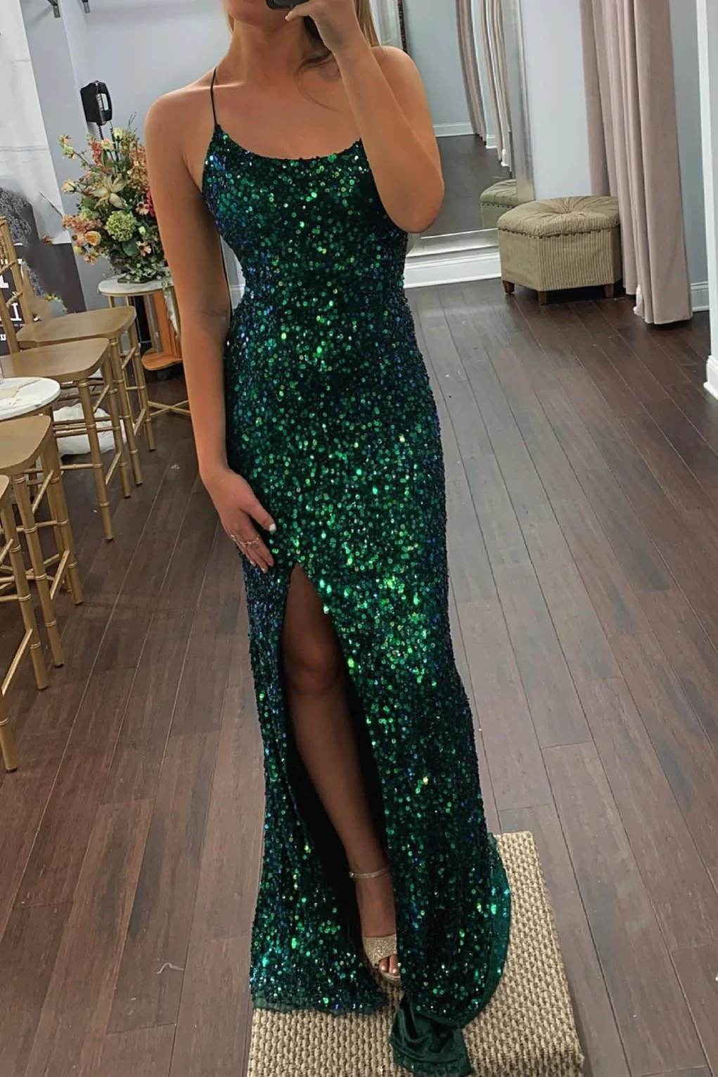 Emerald Green Sequins Mermaid Long Prom Dresses Formal Dress SH441