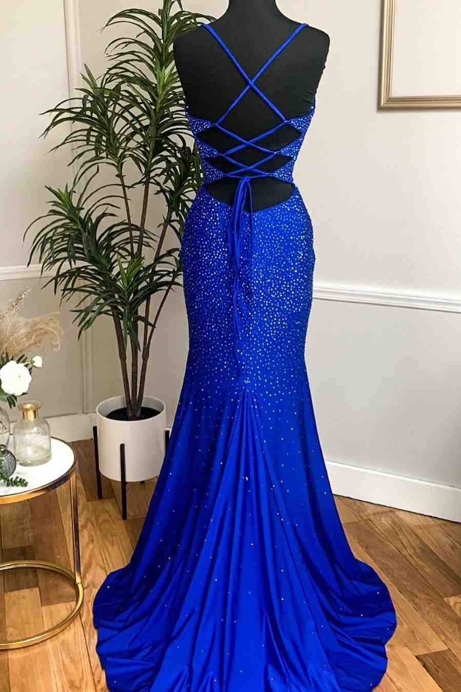 Royal Blue Beaded Cowl Neck Mermaid Long Prom Dress SH443