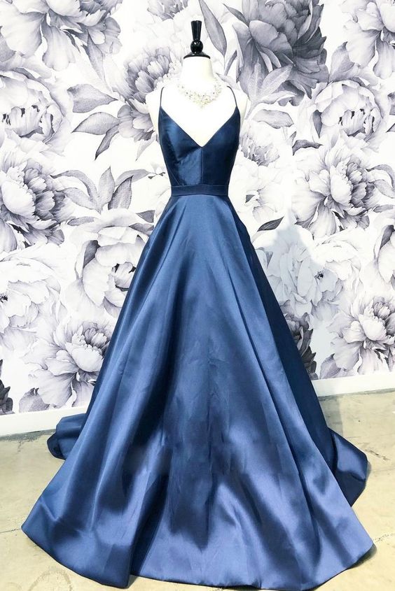 A-Line Blue Spaghetti Straps Satin Prom Dresses,V-Neck Blue Sexy Evening Party Dress SH450