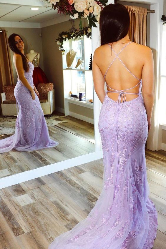 Trumpet Lace Backless Lilac Long Prom Dresses SH454