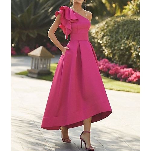 A-Line Elegant Dress Asymmetrical Sleeveless One Shoulder Stretch Fabric with Ruffles Prom Dress SH481