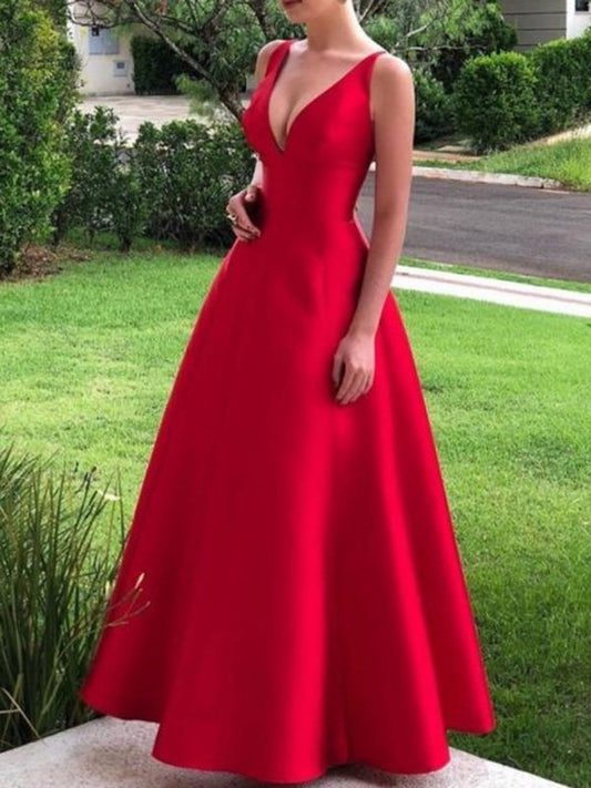 Simple Solid Color Spaghetti-Neck V-Back A-Line Prom Dress SH502