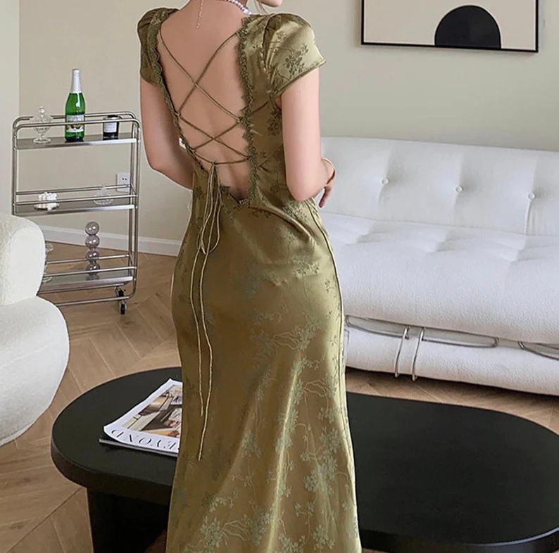 Satin Backless Long Dress Short Sleeve Lace Vintage Bodycon Dress Prom Dress SH521