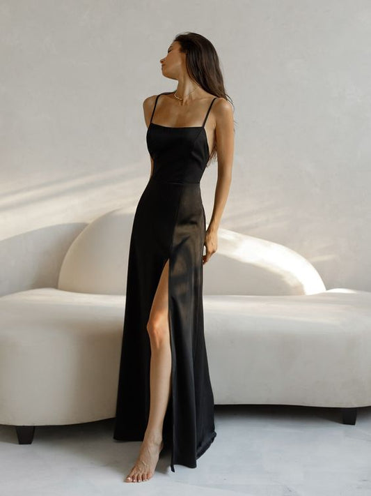 Spaghetti-Straps Mermaid Ruffles Black Prom Dress SH528