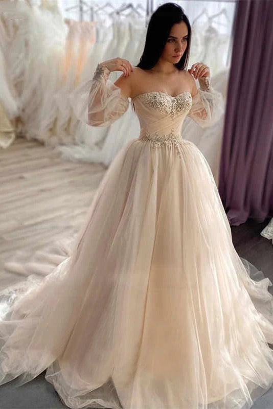 Champagne Sweetheart Strapless Tulle Wedding Dresses, Lace Up Prom Dress Evening Dresses SH553