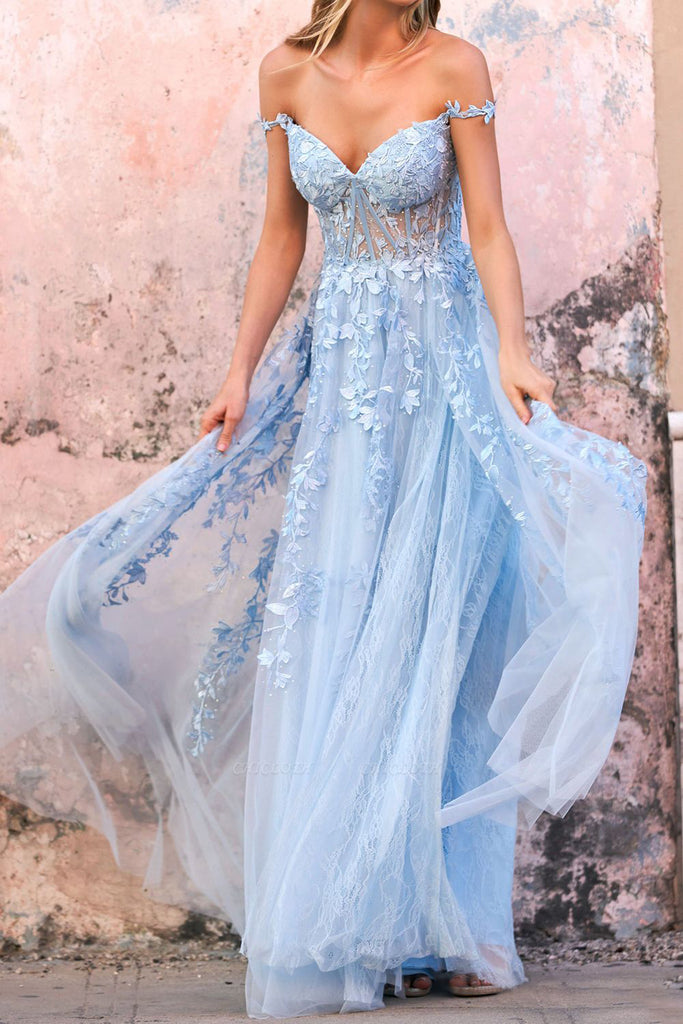 Sky Blue Off The Shoulder Lace Appliques Prom Dress, A Line Sweetheart Dance Dress SH556