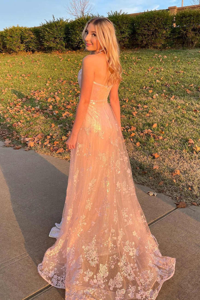 Sparkly Strapless Rose Gold Mermaid Lace Appliques Prom Dresses, Evening Dresses SH558
